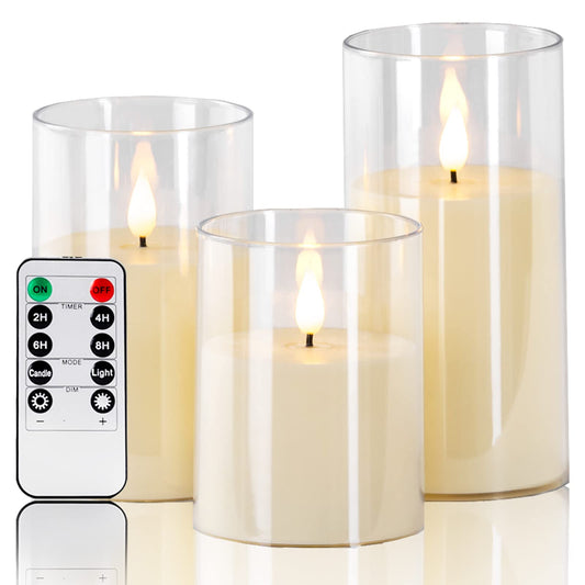 Set of 3 ivory flameless LED pillar candles with remote control