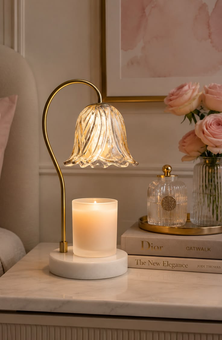 Candle warmer lamp in cozy bedroom decor