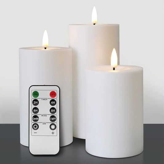 Set of 3 ivory flameless LED pillar candles with remote control