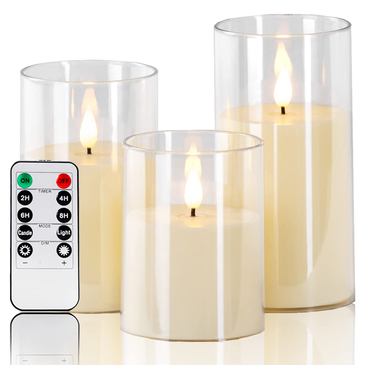Set of 3 ivory flameless LED pillar candles with remote control